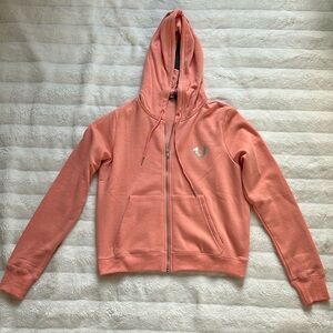 This is a Logo Zip Up Hoodie. In the color Blooming Dahlia. Size Large